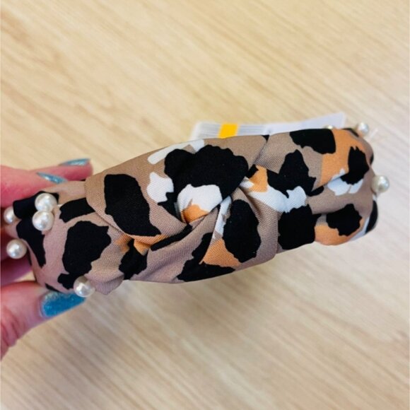 Knotted Leopard Print Headband with Pearls for Kids by Bon Voyage Accessories - Picture 2 of 6